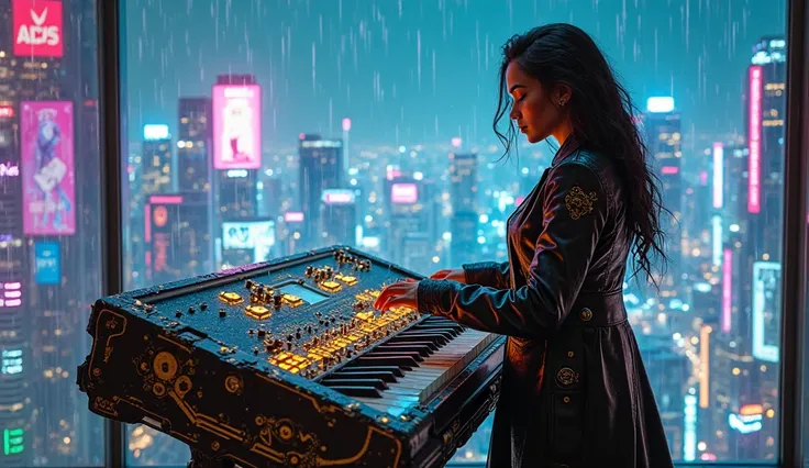 In a high-tech skyline music studio, a young Latina cyberpunk virtuosa stands before an astonishing, futuristic keyboard—a massi...