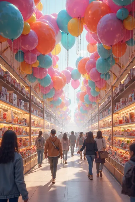 A store with lots of gifts and balloons and people shopping 