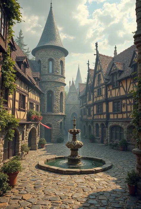 Can you make a kind of square based on medieval construction,As in The Lord of the Rings, and that in the center of the square t...