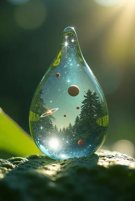 "Une goutte d’eau transparente posée sur une feuille verte, éclairée par un rayon de soleil du matin.

🔍 Zoom progressif :

Au d...