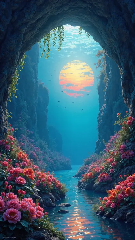 Tropical　Undersea cave　Mysterious colored sunset shines in　spring flowers such as roses and tulips々fills the cave　A fantastic wo...