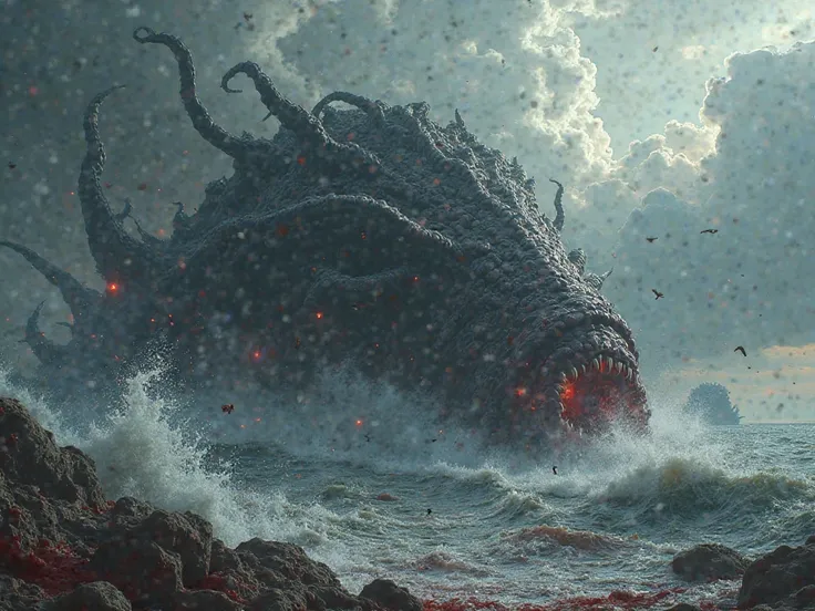 a kraken and a leviathan wrestling in a blood bath  apocalyptic scifi horror realistic