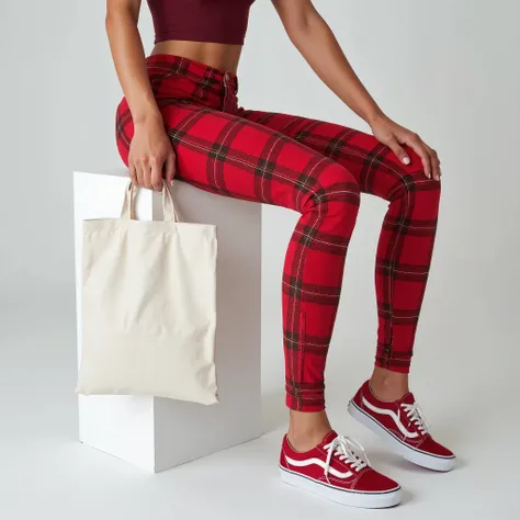 (((Close-up - low angle))) of a torso of a thin young woman sitting striptily on a low white block, wearing tight red plaid pant...