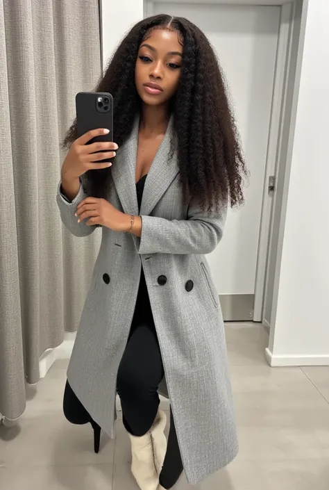 She’s dressed up grey Trench coat and fur boots Long view 0.5 wet curls bright lighting, SELFIE, honey brown skin, clear complex...