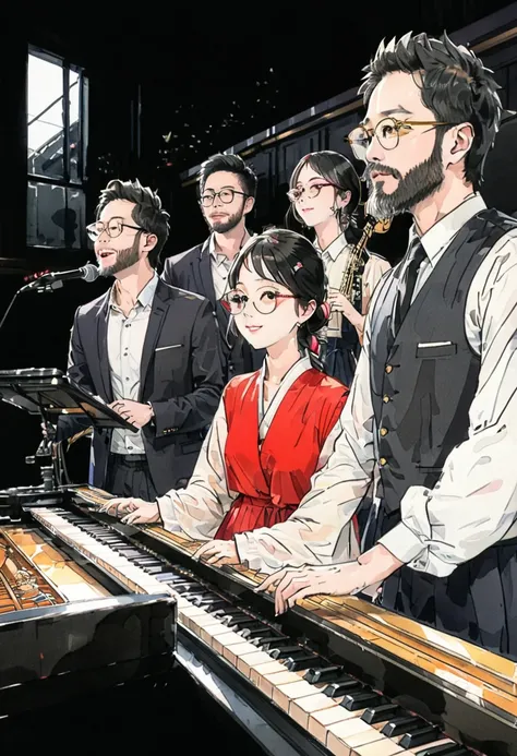 A man playing the piano、Singing woman、live venue、Dark、Men wear glasses、Males have a beard、