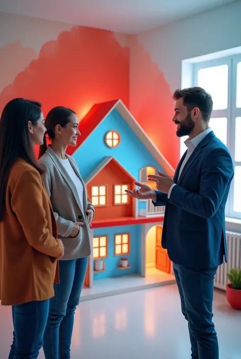 generates a realistic image of a real estate agent presenting a beautiful house to 3 buying clients, Let us see the internal per...