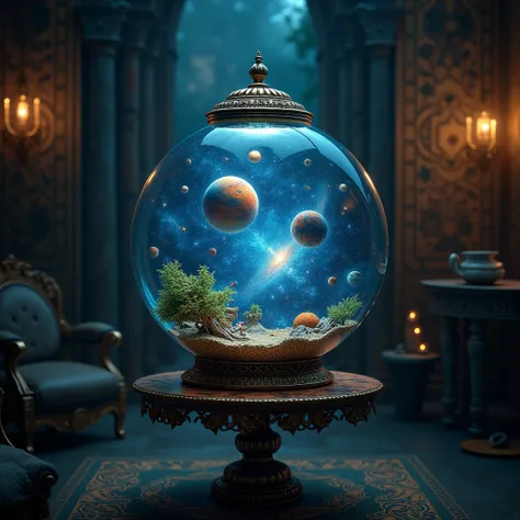 An aquarium with a universe inside it, The aquarium is on top of a small table in a mysterious room
