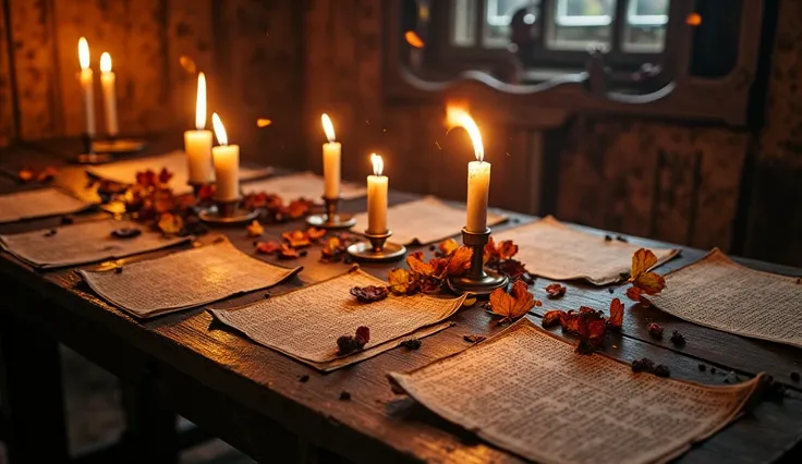 A medieval wooden table, hall covered with parchments with Gothic inscriptions. The flame covers several leaves, their edges cur...