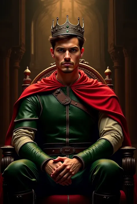 Modern portrait of Robin Hood, crown on the head, sitting on a throne, detailed face, serious look,  red cape, emerald green arm...
