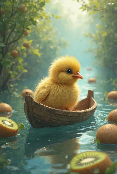 Generate for me a trip in a small boat of a chick with an almost human head and kiwis in the water