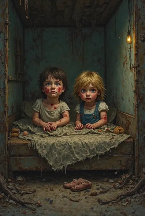 Hansel and Gretel wake up in a worn-out bed with bruises