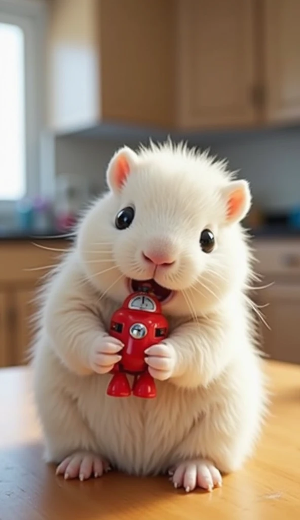 A cutest white capybara sitting on the table. The capybara is happily bringing a small red robot close to its mouth with its sof...