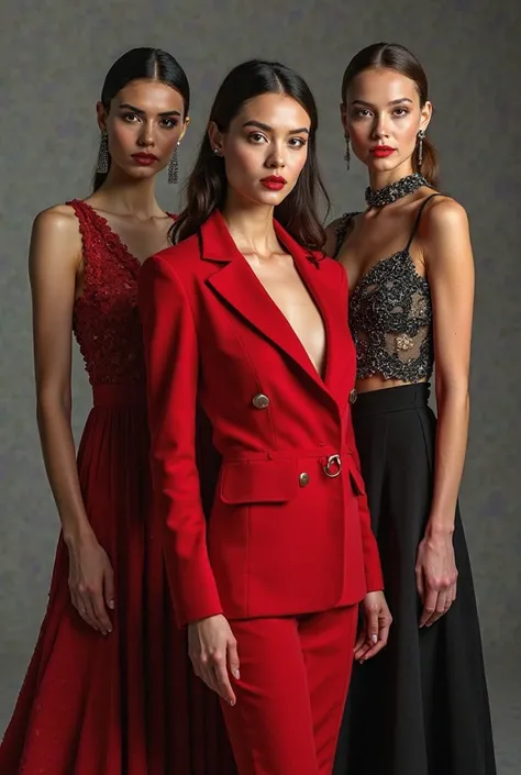 The image is a real haute couture fashion editor where you can see a sexy female detective dressed in red in the company of 2 ha...