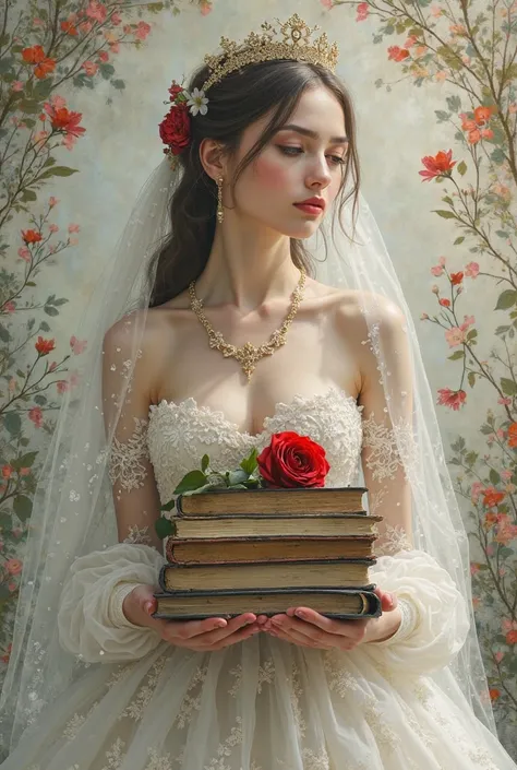 Create a watercolor image of a very beautiful young woman, wearing a princess dress, and holding a stack of old books in front o...