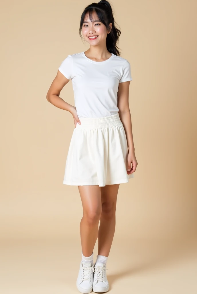 a young woman of Asian descent, with dark hair tied in a high ponytail. Her expression is smiling and slightly reserved. She wea...