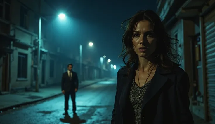 A mysterious woman stands in the dim glow of a streetlamp on a quiet urban road at night, her face reflecting shock and disbelie...
