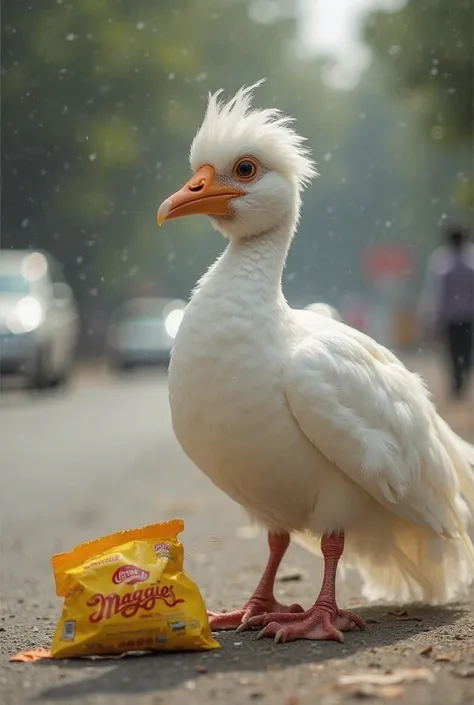 A white peigon was selling maggie packet on roadside in a city and humans were buting maggie packet from peigon  peigon was taki...