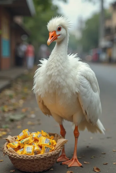A white peigon was selling maggie packet on roadside in a city and humans were buting maggie packet from peigon  peigon was taki...