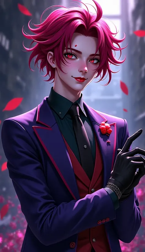 An anime-style character inspired by a mysterious and charismatic Joker. He has wild, slightly messy red or purple hair, with an...
