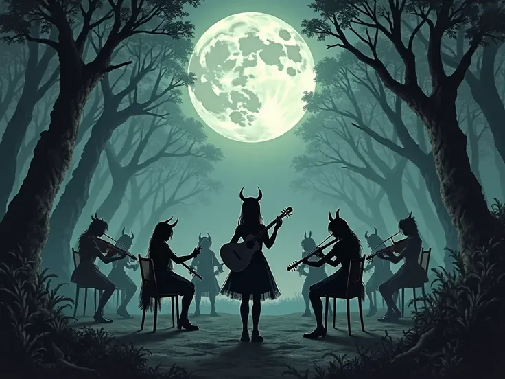 orchestra of very evil girls with animal features that plays under a terrible full moon in wood