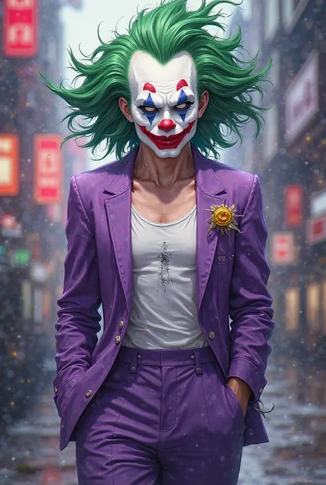 gaming logo as the name of an anime character, Clown, green hair white face purple suit, white undershirt:I got a game logo of. ...