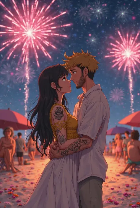 The couple are portrayed in a magical moment during a New Year's night at the beach.

The girl has long black hair and wears a g...
