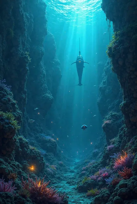 The Mariana Trench in the style of underwater fiction: The dark depths of the ocean with soft rays of light,  penetrating throug...