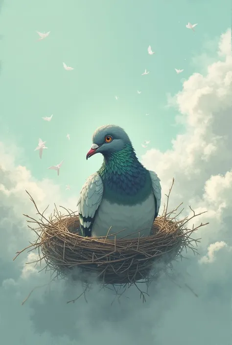 A pigeon sits in a nest on the clouds and is crying, tears in its eyes.