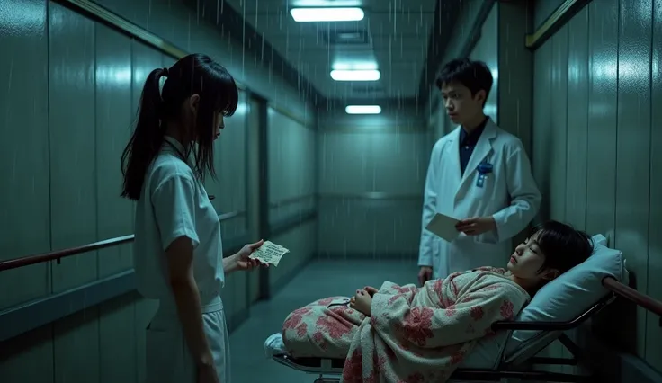 A rainy night at Shinjuku public hospital, a grim gray building with wet windows reflecting flickering fluorescent lights. Aiko,...
