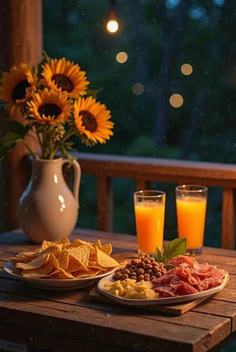 Create a table with a talba with chips, peanuts, cheese, ham and two glasses of orange juice on the table is a jug of sunflower ...