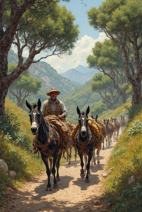 Arriero carries cork-laden mules in the Los Alcornocales Natural Park