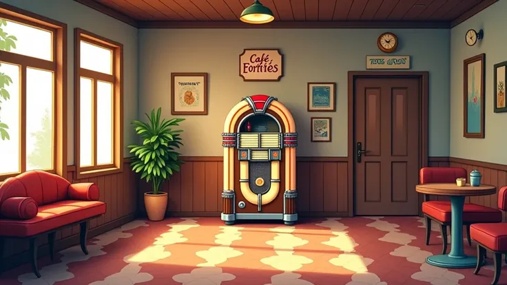 Retro cartoon 1940 jukebox in the corner of empty cafe, sign " Cafe Forties "
