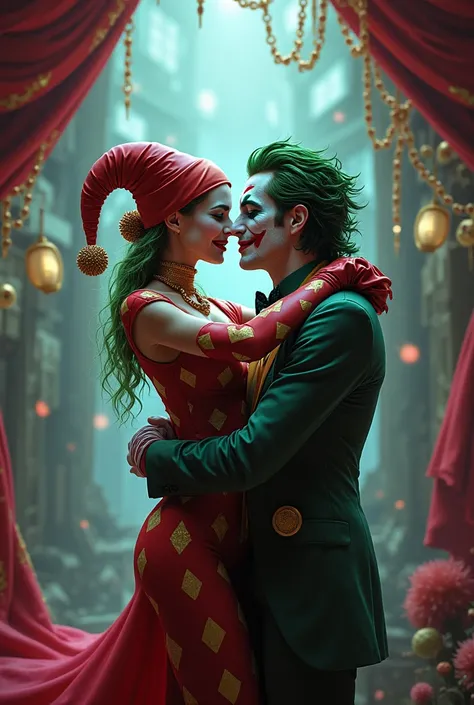 Create an image of the harlequin with the joker in romantic moments 