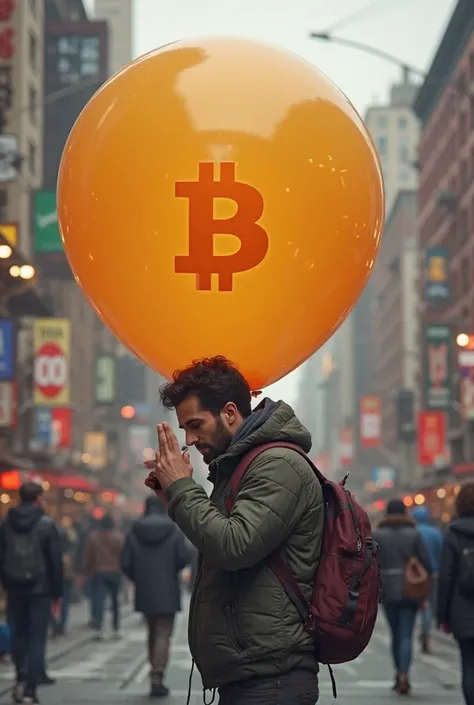 Tech enthusiast whispering word on the street and a big floating Ballon man is written Bitcoin pizza day 