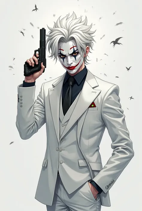 Nime style art : Anime boy(age17-20) with white hair wearing white joker mask in white suit vest holding gun
