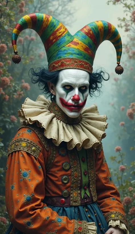 Buffoon with a disturbing face painted white, with green and blue buffoon hat, Picturesque jester attire