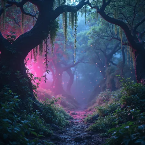 Create a REALISTIC alien forest at night with neon fireflies with smoke with a magenta light coming from the left and green bran...