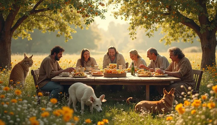 Prompt da imagem: A large, rustic table in a flowery field, where humans and animals are sharing food. Humans are happily eating...