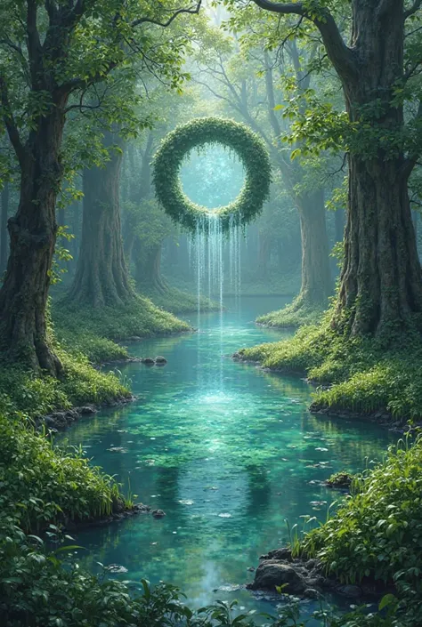 Pond with green surroundings like tress and grass then theres a portal like above it