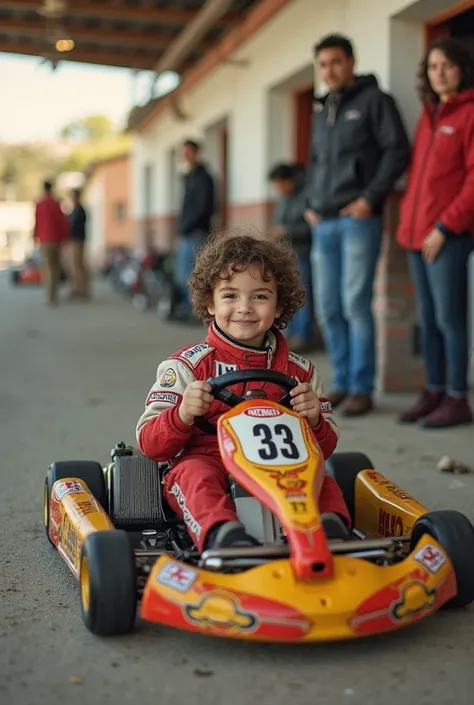 Un pequeño Checo Pérez  con su karting en una pista local, surrounded by mechanics and his family. He adds a warm filter to high...