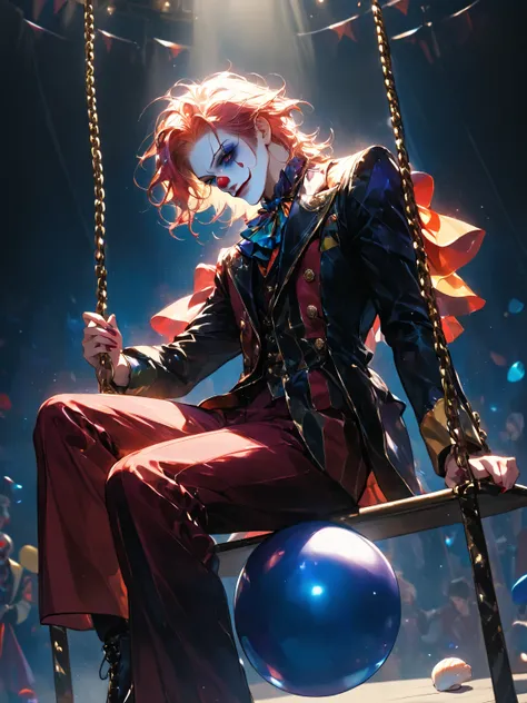The clown rolling down from a rolling ball, Mid-fall, Swing your arms. his colorful costume、contrasts with the dim circus stage....
