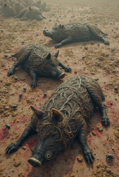 Image with dead wild boars on the ground 