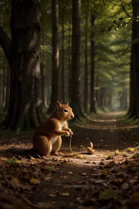 "A curious squirrel digging in the ground and discovering a glowing golden nut, forest floor with leaves and roots, magical ren'...
