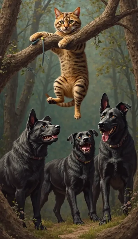A realistic painting of a brown striped cat, assustado, hanging from a tree branch in the middle of the forest, while three larg...