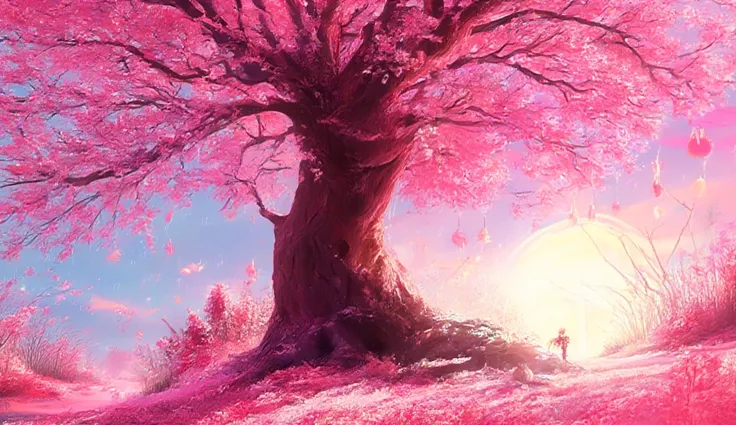 A vibrant Studio Ghibli-inspired, highly detailed, warm and inviting atmosphere anime-style scene of a majestic cherry blossom t...