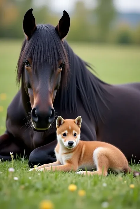 Create an image of a mare black coat long black mane long tail black newborn male foal horse dark brown coat lying down a guinea...