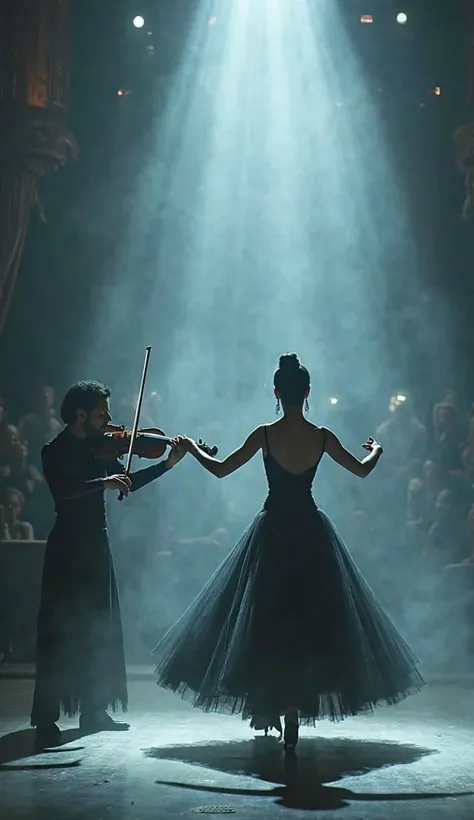 A dancer in a flowing gothic dress waltzes under a dim spotlight as a ghostly violinist plays an eerie, enchanting melody. The A...