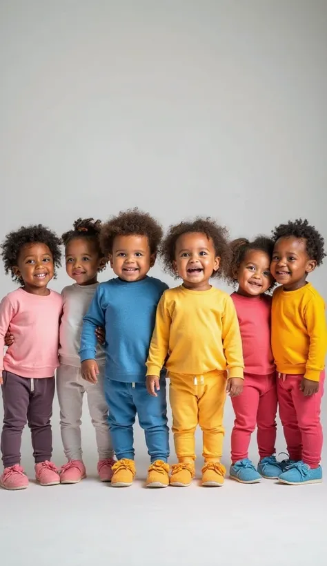 Seven babies standing in a well-lit professional studio. Everyone is wearing colorful and vibrant clothes,  transmitting joy and...
