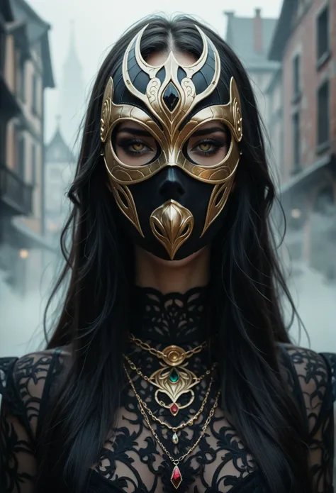Golden masK on full head, (black line on centre of the mask), ((the mask closed full face, on mask only one blacl lone, without ...