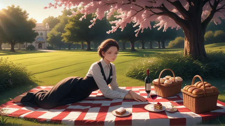 elegant girls having a picnic, cherry blossoms in the background, fresh grass, classic picnic sheet, professional, masterpiece, ...